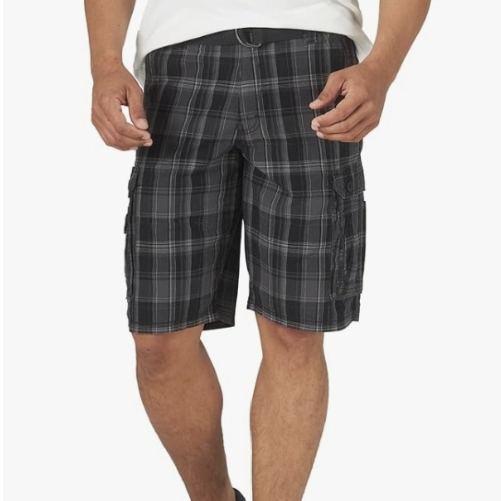 Lee Dungarees Cargo Shorts Loose Fit Black Gray Plaid Twill Cotton Pockets SZ30